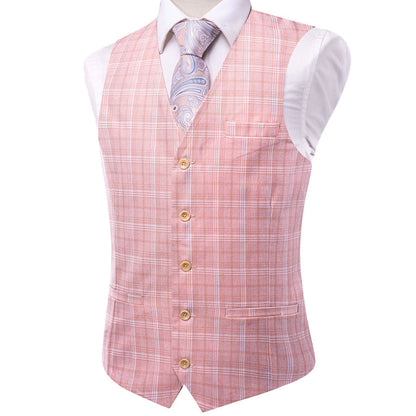 Pink White Plaid Splicing Jacquard Men's Vest Set vest set    - Sophisticated Gentlemen