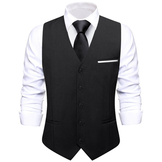 Black Solid Silk Vest Set vest set S (Chest 40")   - Sophisticated Gentlemen