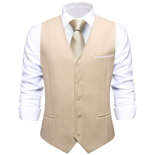 Light Khaki Solid Silk Vest Set vest set S (Chest 40")   - Sophisticated Gentlemen
