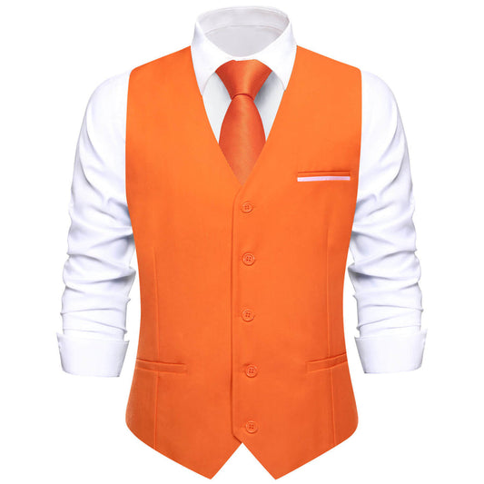 Coral Orange Solid Silk Vest Set vest set S (Chest 40")   - Sophisticated Gentlemen