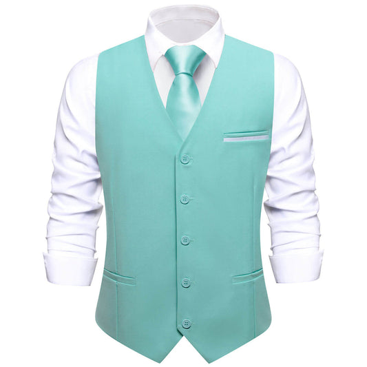 Pale Teal Solid Silk Vest Set vest set S (Chest 40")   - Sophisticated Gentlemen