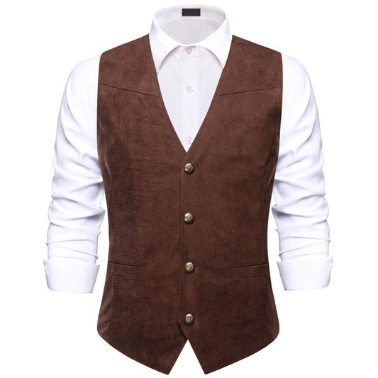 Saddle Brown Solid Suede Waistcoat Vest Set vest set    - Sophisticated Gentlemen