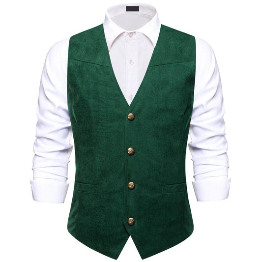 Dark Green Suede Solid Single Waistcoat Vest Set vest set S (Chest 40")   - Sophisticated Gentlemen