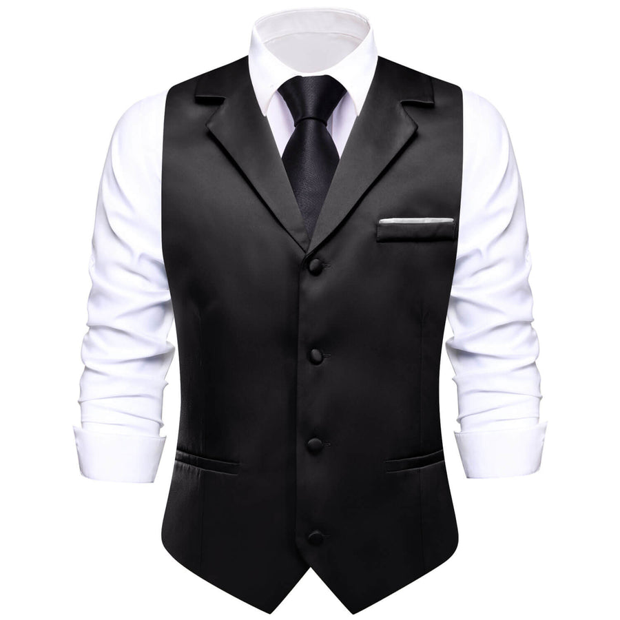 Black Solid Silk Vest Suit Vest Set vest set S (Chest 40")   - Sophisticated Gentlemen