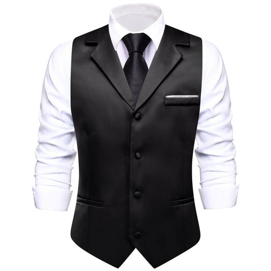 Black Solid Silk Vest Suit Vest Set vest set S (Chest 40")   - Sophisticated Gentlemen