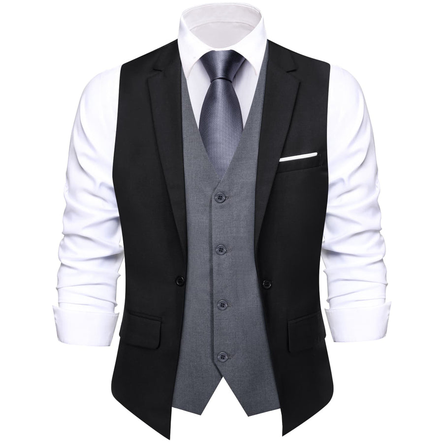 Layered Waistcoat Black Grey Splicing Collar Dress Suit Vest Set vest set    - Sophisticated Gentlemen