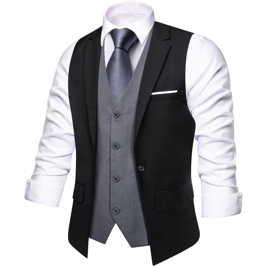 Layered Waistcoat Black Grey Splicing Collar Dress Suit Vest Set vest set    - Sophisticated Gentlemen