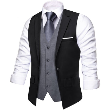 Layered Waistcoat Black Grey Splicing Collar Dress Suit Vest Set vest set    - Sophisticated Gentlemen