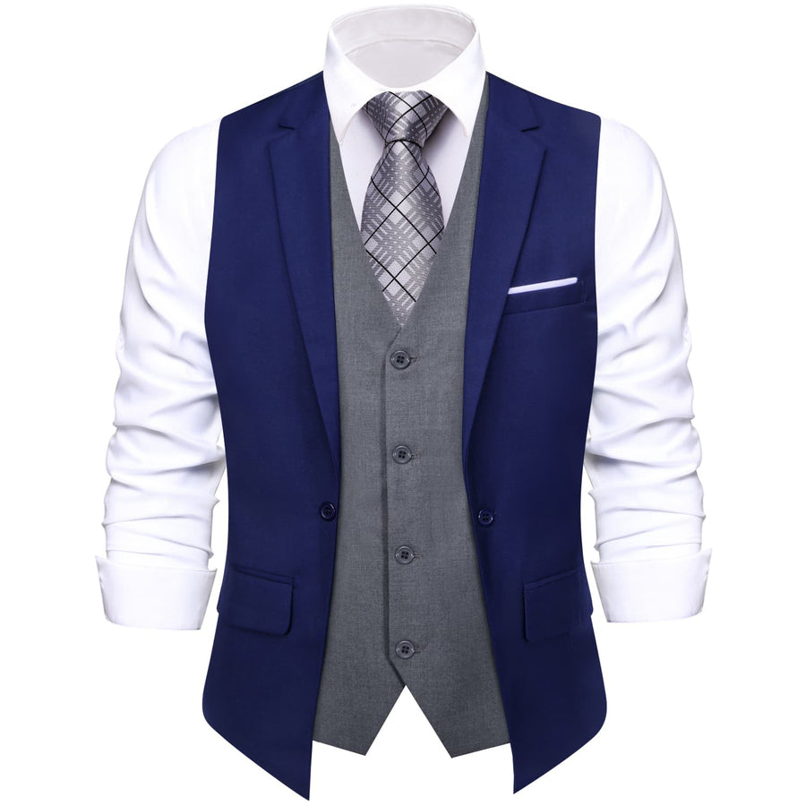 Layered Waistcoat Navy Blue Grey Splicing Collar Vest Set vest set    - Sophisticated Gentlemen