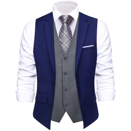 Layered Waistcoat Navy Blue Grey Splicing Collar Vest Set vest set    - Sophisticated Gentlemen