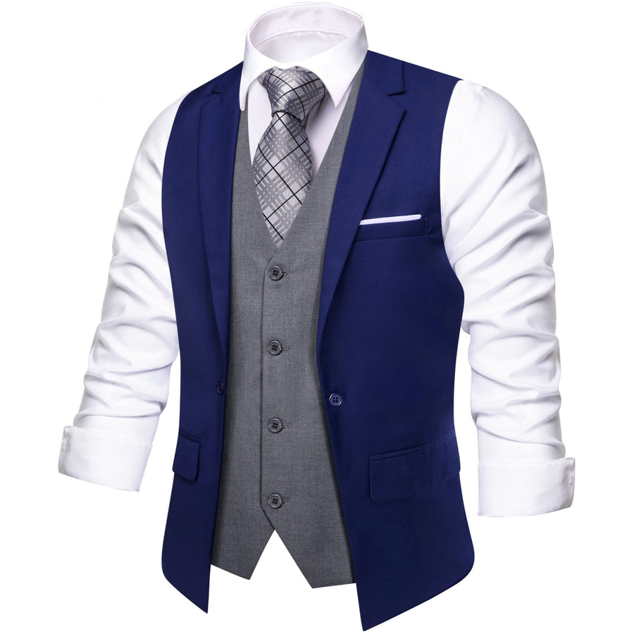 Layered Waistcoat Navy Blue Grey Splicing Collar Vest Set vest set    - Sophisticated Gentlemen