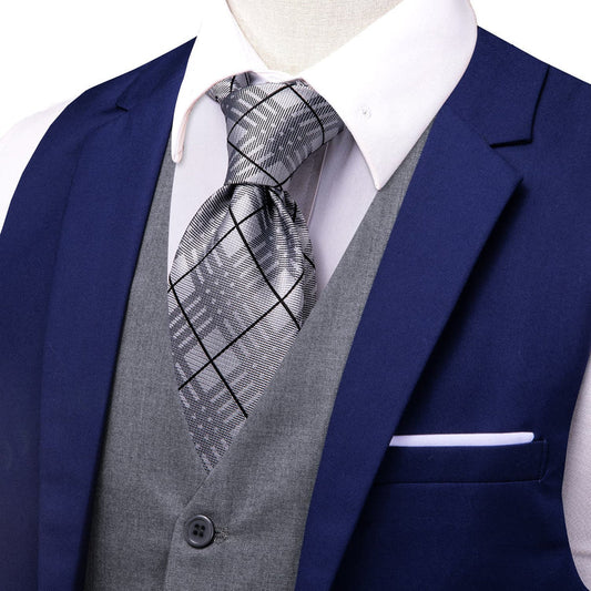 Layered Waistcoat Navy Blue Grey Splicing Collar Vest Set vest set S (Chest 40")   - Sophisticated Gentlemen