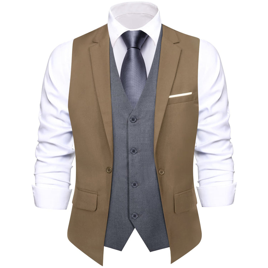 Layered Waistcoat Tortilla Brown Grey Splicing Collar Vest Set vest set    - Sophisticated Gentlemen
