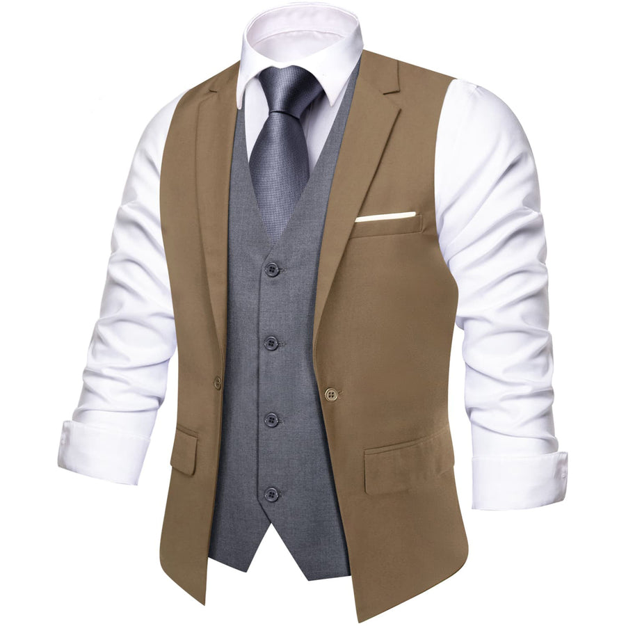 Layered Waistcoat Tortilla Brown Grey Splicing Collar Vest Set vest set    - Sophisticated Gentlemen