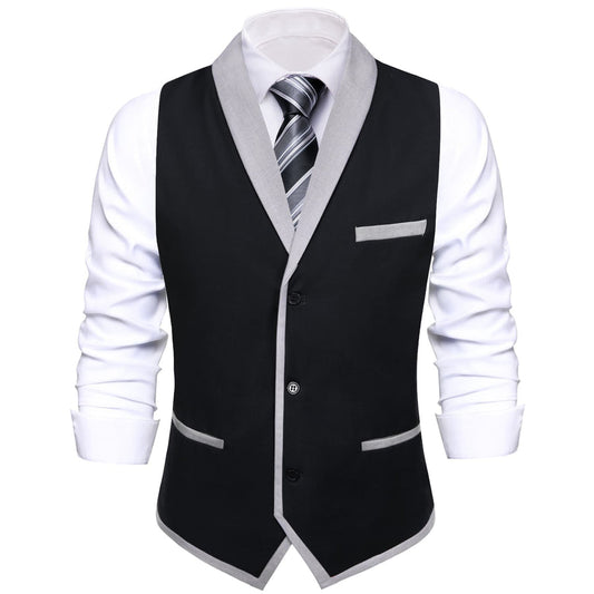 Solid Silk Black Shawl Collar Vest Set vest set S (Chest 40")   - Sophisticated Gentlemen
