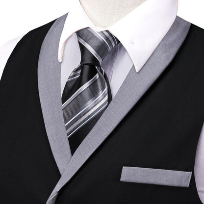 Solid Silk Black Shawl Collar Vest Set vest set    - Sophisticated Gentlemen