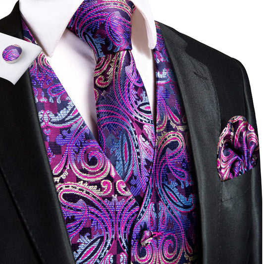 Purple Jacquard Silk Vest Set vest set S (Chest 40")   - Sophisticated Gentlemen