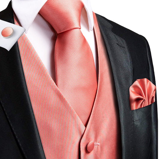 Watermelon Red Solid Jacquard Silk Vest Set vest set S (Chest 40")   - Sophisticated Gentlemen