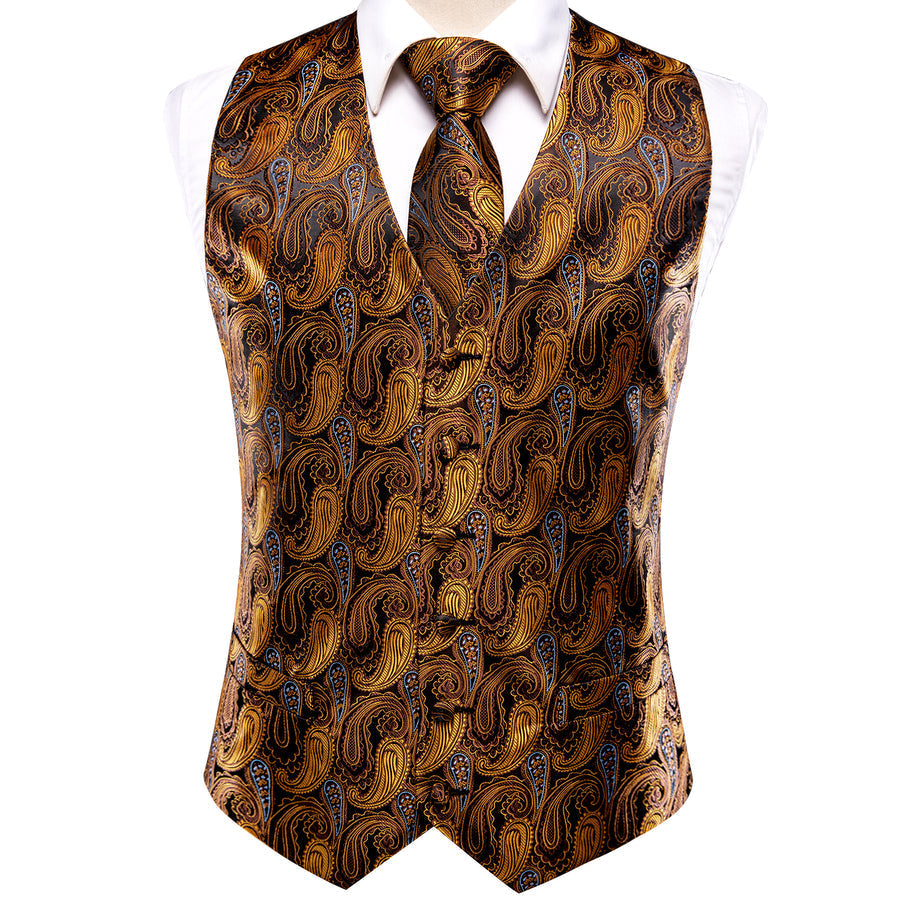 Bronze Paisley Jacquard Silk Vest Set vest set    - Sophisticated Gentlemen