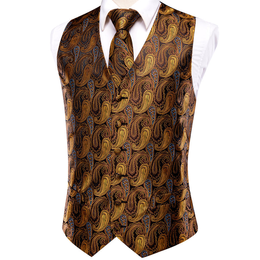 Bronze Paisley Jacquard Silk Vest Set vest set    - Sophisticated Gentlemen