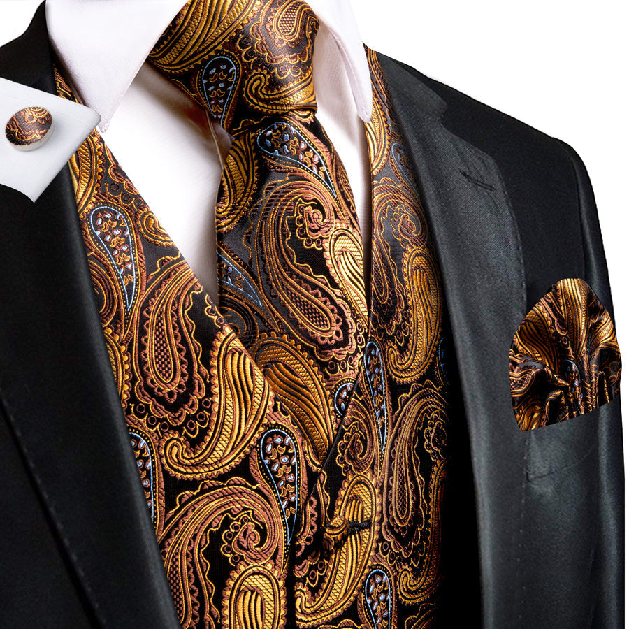 Bronze Paisley Jacquard Silk Vest Set vest set S (Chest 40")   - Sophisticated Gentlemen