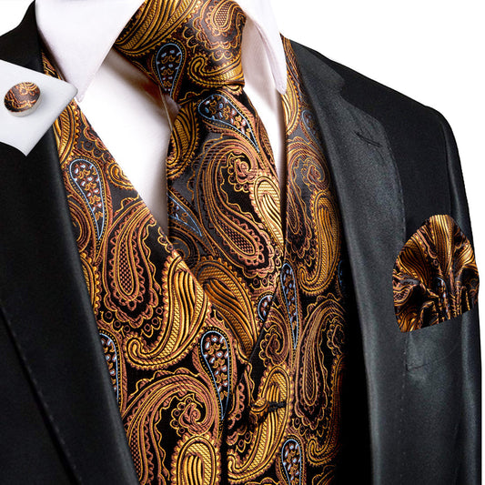 Bronze Paisley Jacquard Silk Vest Set vest set S (Chest 40")   - Sophisticated Gentlemen