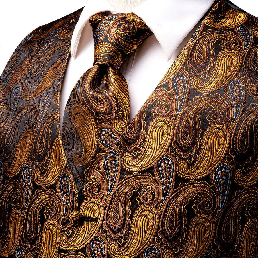 Bronze Paisley Jacquard Silk Vest Set vest set    - Sophisticated Gentlemen