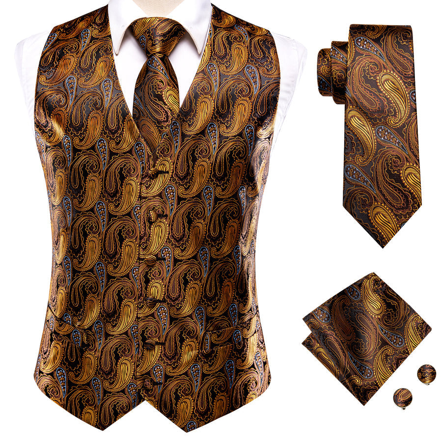 Bronze Paisley Jacquard Silk Vest Set vest set    - Sophisticated Gentlemen
