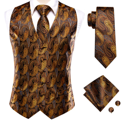 Bronze Paisley Jacquard Silk Vest Set vest set    - Sophisticated Gentlemen