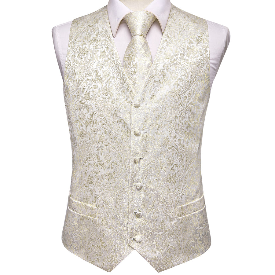 Champagne White Floral Jacquard Silk Vest Set vest set    - Sophisticated Gentlemen
