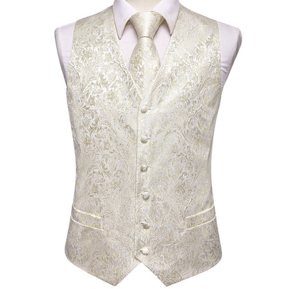 Champagne White Floral Jacquard Silk Vest Set vest set    - Sophisticated Gentlemen