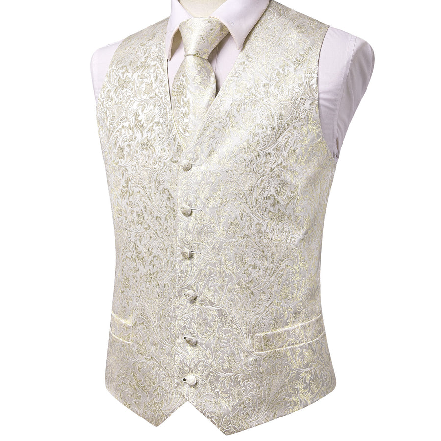 Champagne White Floral Jacquard Silk Vest Set vest set    - Sophisticated Gentlemen