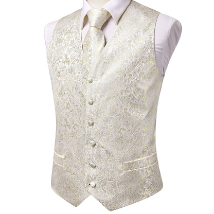 Champagne White Floral Jacquard Silk Vest Set vest set    - Sophisticated Gentlemen
