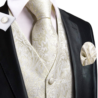 Champagne White Floral Jacquard Silk Vest Set vest set S (Chest 40")   - Sophisticated Gentlemen