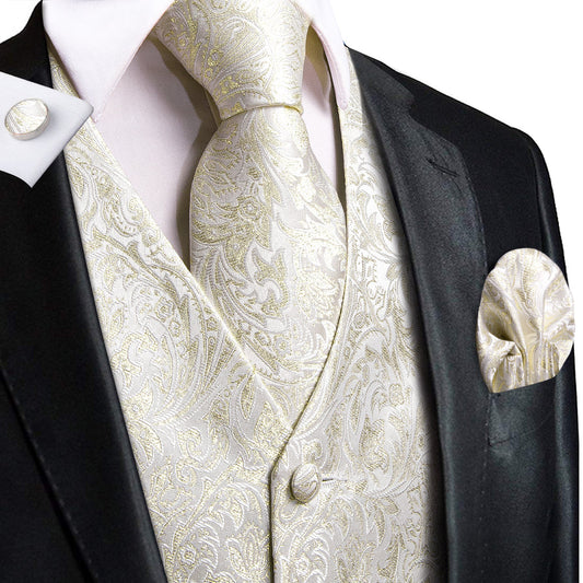Champagne White Floral Jacquard Silk Vest Set vest set S (Chest 40")   - Sophisticated Gentlemen