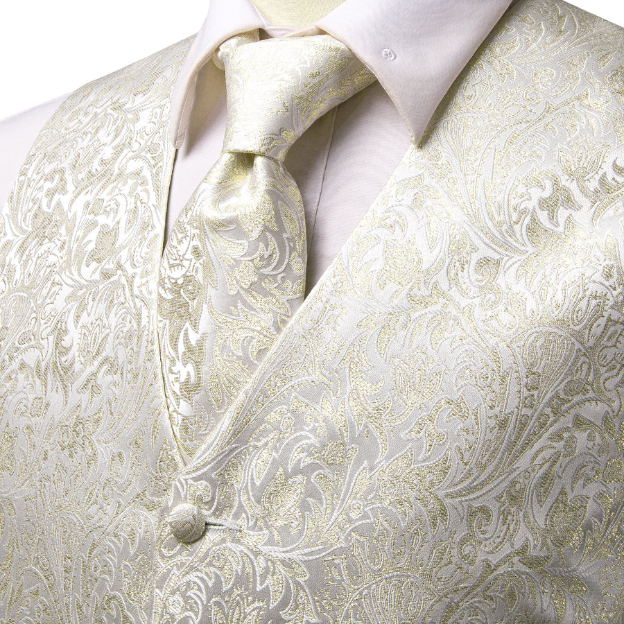 Champagne White Floral Jacquard Silk Vest Set vest set    - Sophisticated Gentlemen