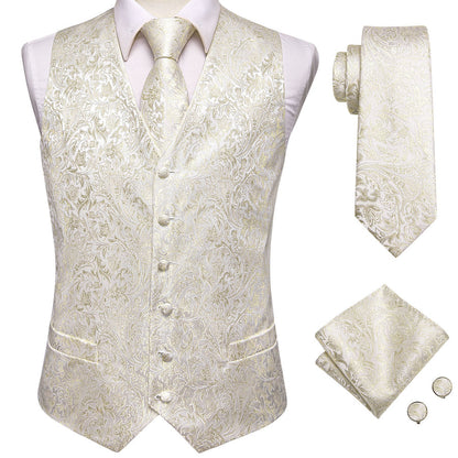 Champagne White Floral Jacquard Silk Vest Set vest set    - Sophisticated Gentlemen