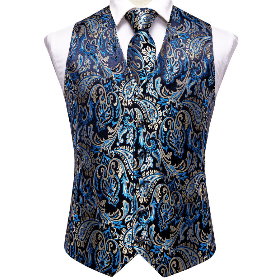 Black, Blue and Beige Paisley Vest Set vest set    - Sophisticated Gentlemen