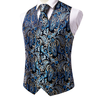 Black, Blue and Beige Paisley Vest Set vest set    - Sophisticated Gentlemen