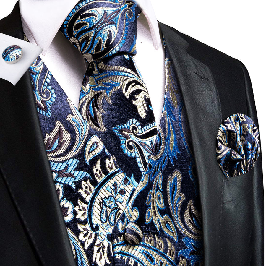 Black, Blue and Beige Paisley Vest Set vest set S (Chest 40")   - Sophisticated Gentlemen