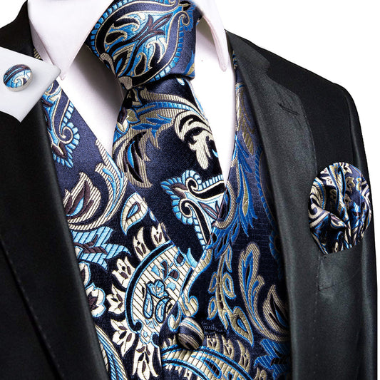 Black, Blue and Beige Paisley Vest Set vest set S (Chest 40")   - Sophisticated Gentlemen