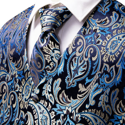 Black, Blue and Beige Paisley Vest Set vest set    - Sophisticated Gentlemen