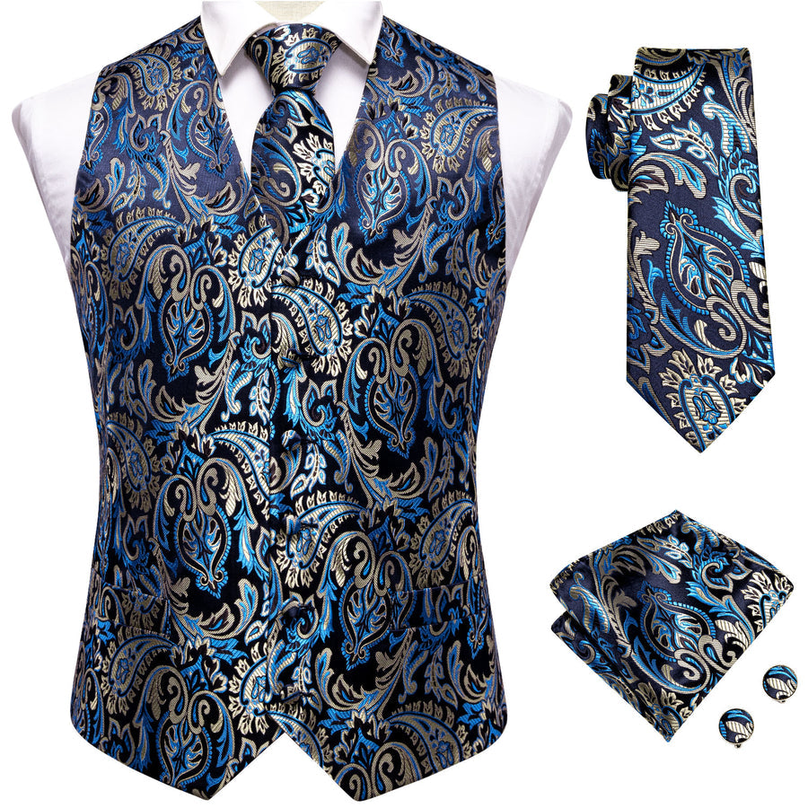 Black, Blue and Beige Paisley Vest Set vest set    - Sophisticated Gentlemen
