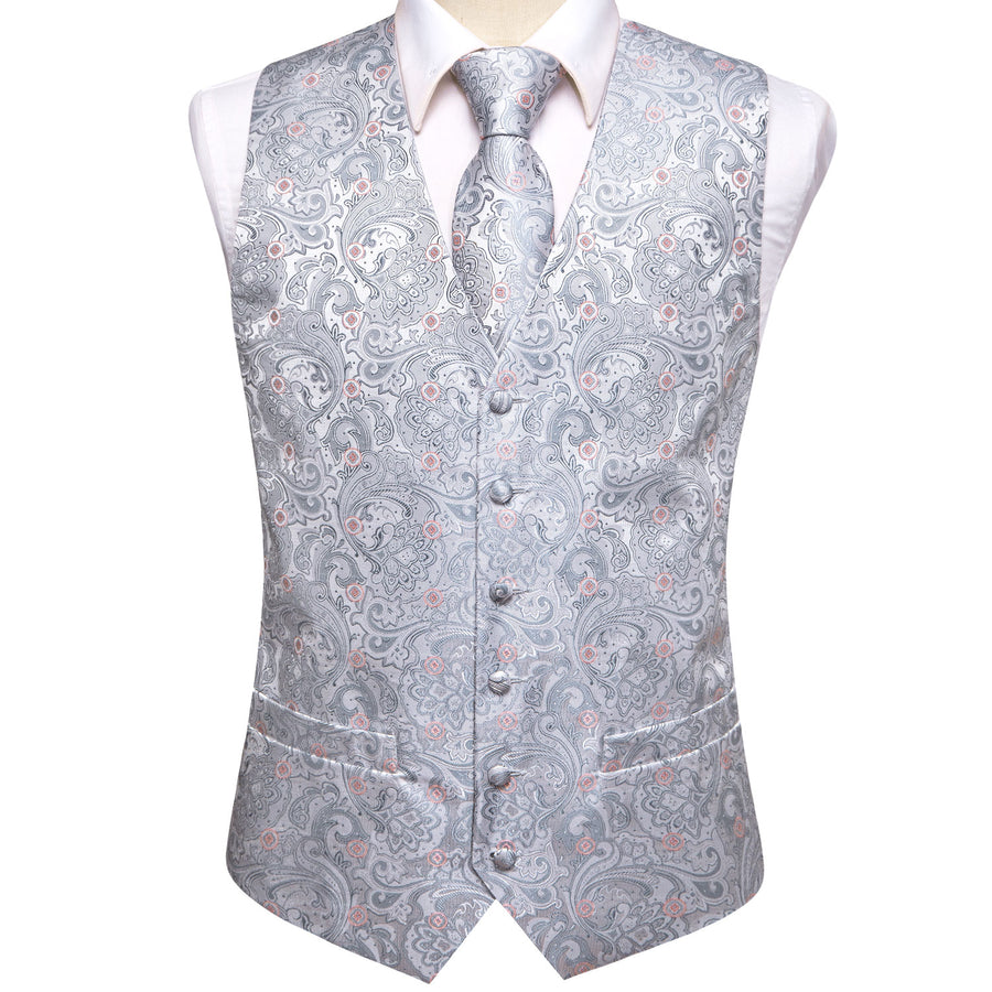 Silver Grey Paisley Floral Jacquard Silk Vest Set vest set    - Sophisticated Gentlemen