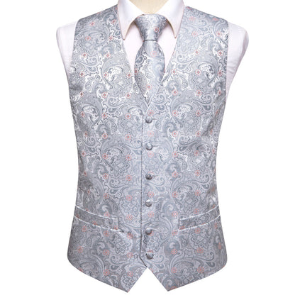 Silver Grey Paisley Floral Jacquard Silk Vest Set vest set    - Sophisticated Gentlemen