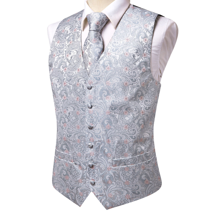 Silver Grey Paisley Floral Jacquard Silk Vest Set vest set    - Sophisticated Gentlemen