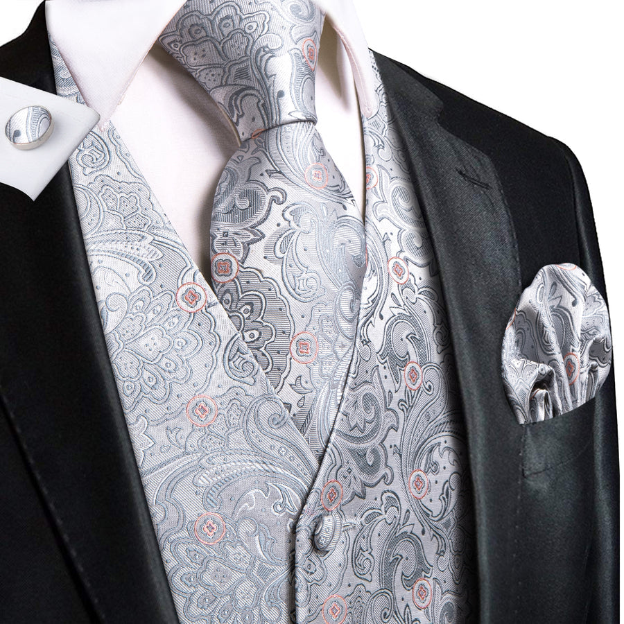 Silver Grey Paisley Floral Jacquard Silk Vest Set vest set S (Chest 40")   - Sophisticated Gentlemen