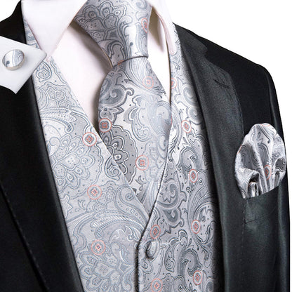 Silver Grey Paisley Floral Jacquard Silk Vest Set vest set S (Chest 40")   - Sophisticated Gentlemen