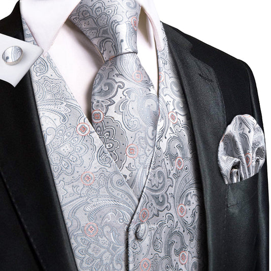 Silver Grey Paisley Floral Jacquard Silk Vest Set vest set S (Chest 40")   - Sophisticated Gentlemen