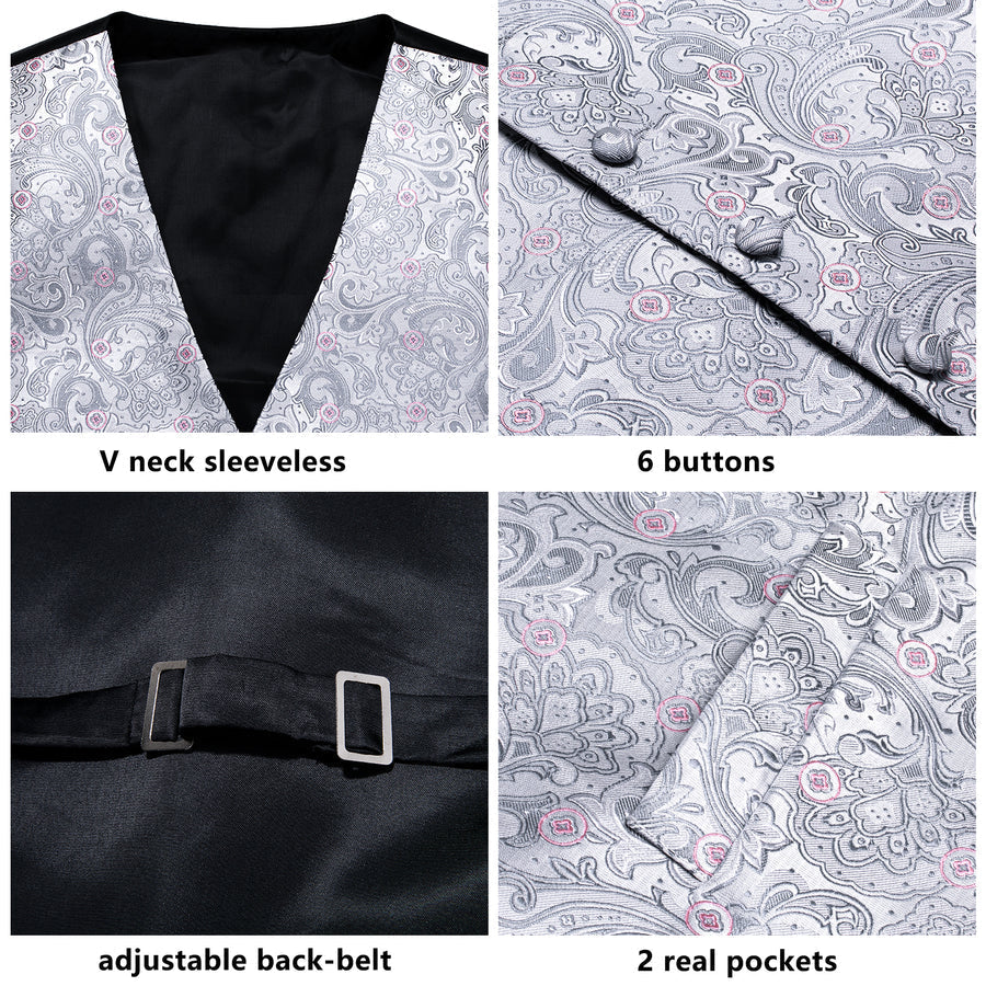 Silver Grey Paisley Floral Jacquard Silk Vest Set vest set    - Sophisticated Gentlemen